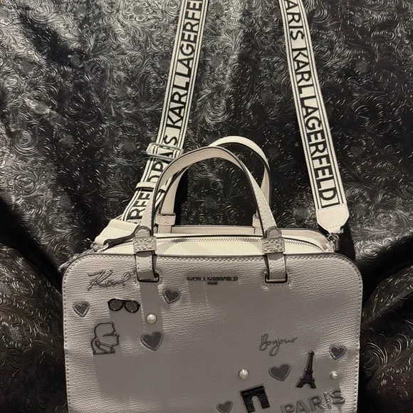 KARL LAGERFELD MAYBELLE BLACK WHITE SATCHEL TOTE CROSSBODY - Picture 2 of 11